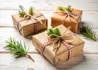 Holiday gift arrangement background with handmade decorations, pine branches, and sustainable wrapping ideas for seasonal celebrations