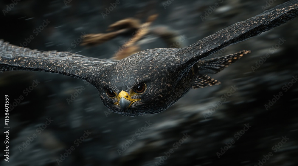 Poster close-up of a dark falcon in flight, its intense gaze directed at the camera, blurred background.