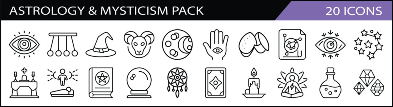Set of 20 Astrology and Mysticism Icons - A mystical collection of 20 astrology-themed line icons, featuring tarot cards, crystals, moons, and spiritual elements.