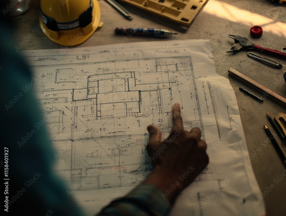 Poster Close-up of a hand pointing at architectural blueprints on a table surrounded by construction tools.