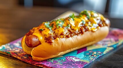 Hotdog covered in chili and melted cheese placed on a colorful cloth napkin