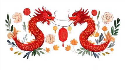 Two Majestic Red Dragons Engaged in a Festive Display with Lanterns and Floral Accents, Symbolizing Prosperity and Strength in a Vibrant Cultural Celebration