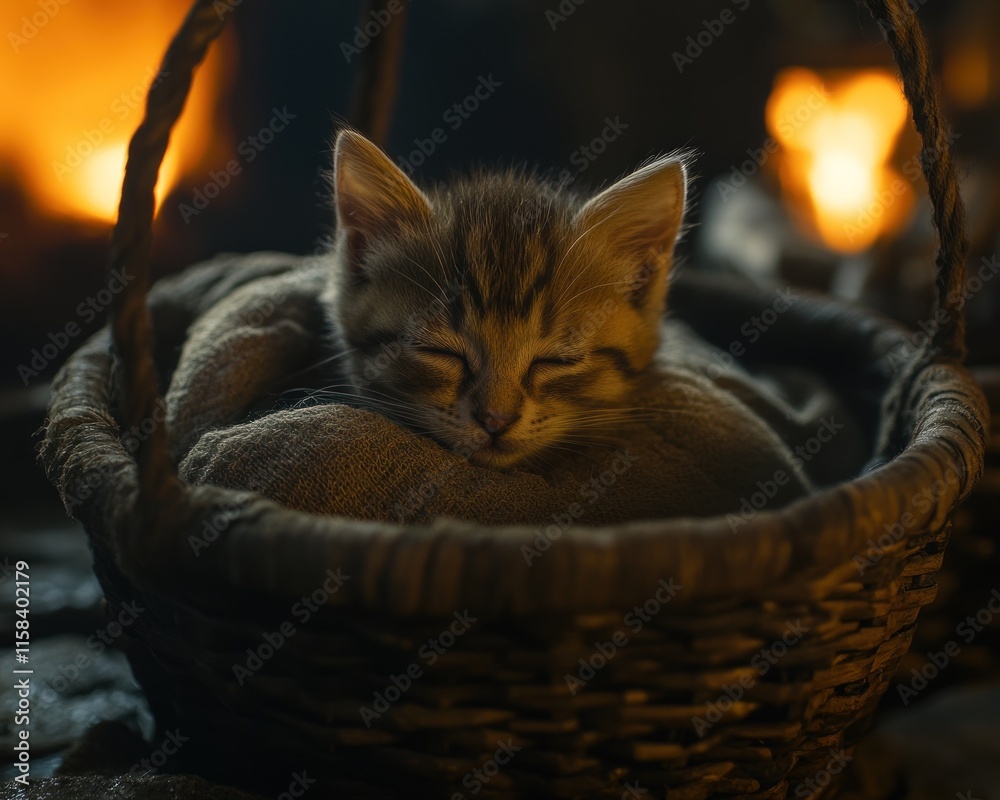 Poster adorable tabby kitten sleeps soundly nestled in a rustic wicker basket near a warm fireplace.