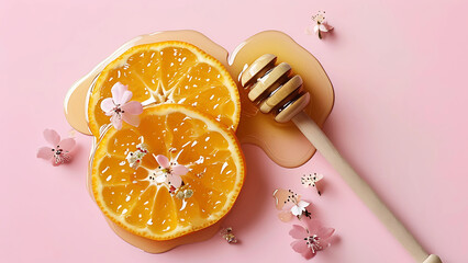 Honey, orange slices, and flowers