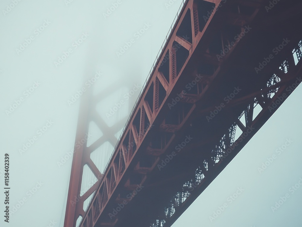 Aufkleber low angle view of a red bridge in fog.