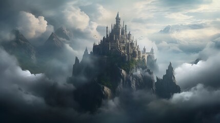 Fototapeta premium Majestic castle with towering spires and turrets perched atop a massive rock formation surrounded by atmospheric misty clouds and a dramatic ethereal landscape
