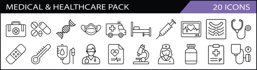 Set of 20 Medical and Healthcare Icons Pack - A professional set of 20 medical and healthcare-themed line icons, featuring pills, syringes, stethoscopes, and hospital tools.