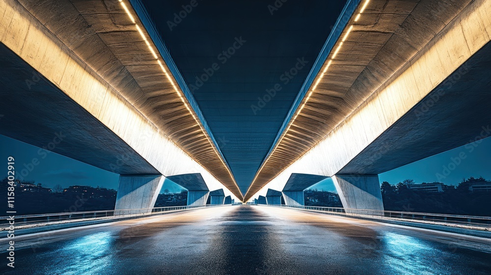 Aufkleber night view of illuminated bridge with road.