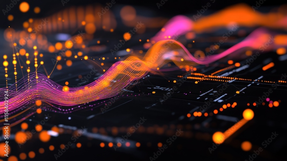 Aufkleber Abstract data visualization with glowing lines and points forming a wave pattern on a dark background.