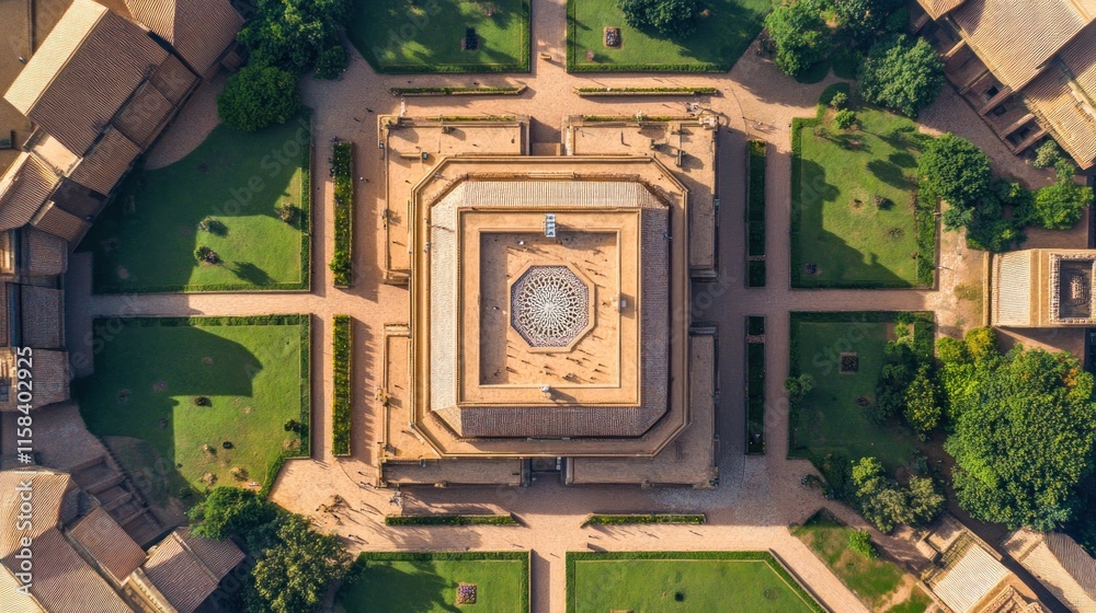 Poster aerial view of a symmetrical building with surrounding gardens.