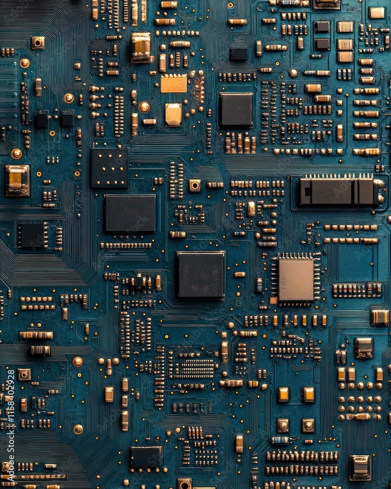Aufkleber Close-up of a complex circuit board with microchips and electronic components.