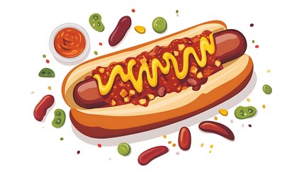 Hotdog topped with savory chili and gooey cheese surrounded by side condiments