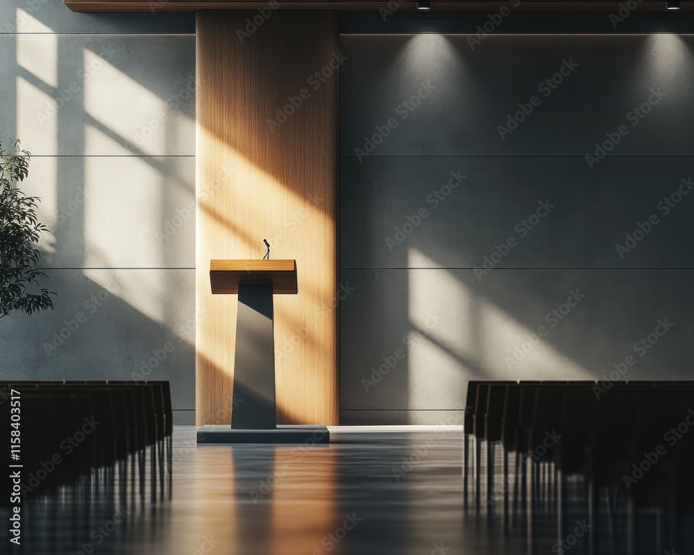 Poster sunlit modern conference room with empty podium and rows of chairs.