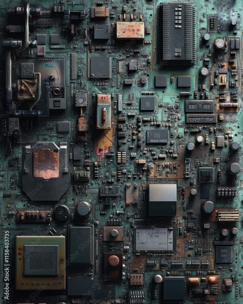 Aufkleber close-up of a weathered, teal circuit board with various electronic components, showing signs of age