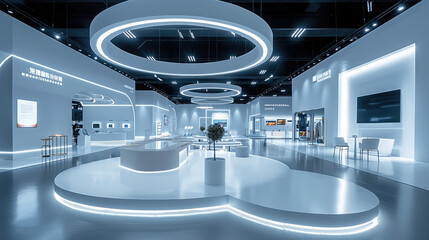 Futuristic exhibition booth design, modern technology theme, white lighting, circular ceiling light structures, with Streamline structure hanging down from the top, open layout with interactive zones.