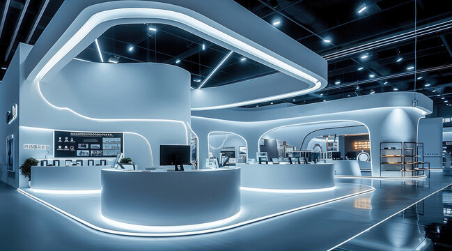 Futuristic exhibition booth design, modern technology theme, white lighting, circular ceiling light structures, with Streamline structure hanging down from the top, open layout with interactive zones.