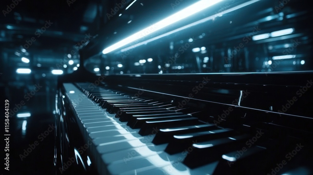 Poster close-up of a grand piano's keys in a dark, futuristic setting with blue neon lights.