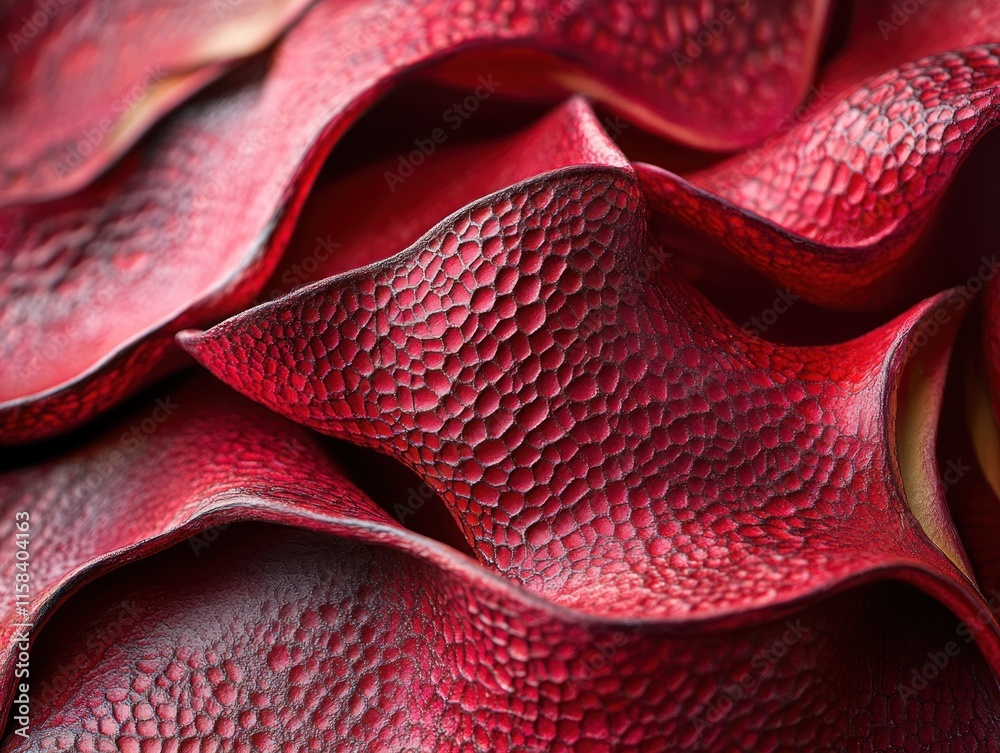 Poster abstract close-up of textured, red, wavy, overlapping shapes.