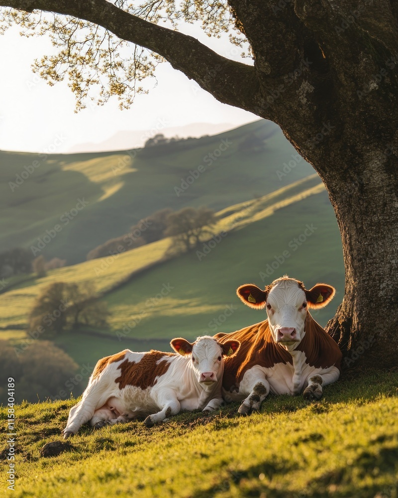 Poster two calves and their mother cow resting under a large tree in a sun-drenched pasture, rolling green 