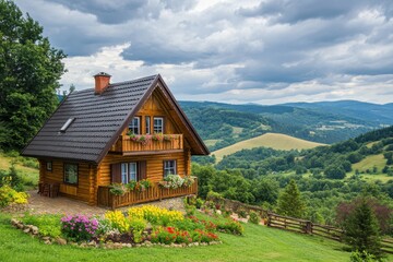 Obraz premium Wooden Cabin Mountaintop Flower Garden View