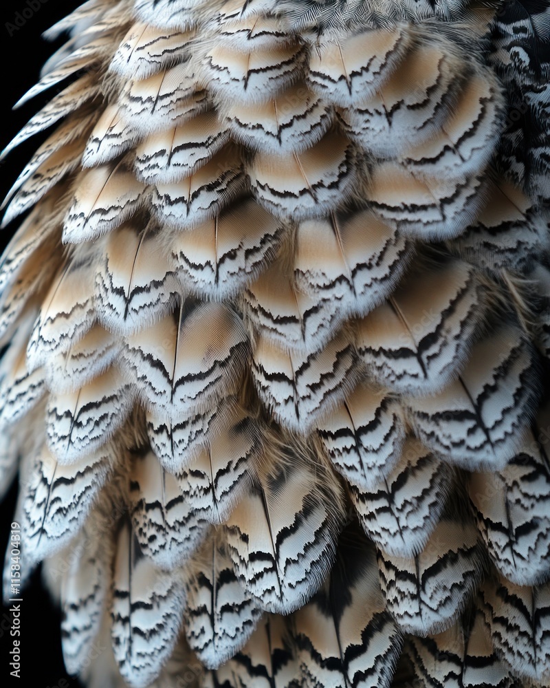Poster close-up of bird feathers, intricate pattern, beige and black.
