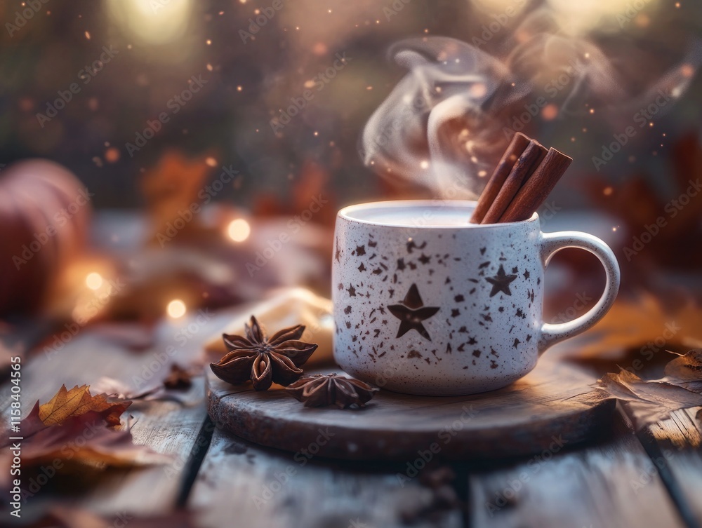 Poster steaming mug of spiced autumn beverage with cinnamon sticks and star anise on rustic wooden table, s