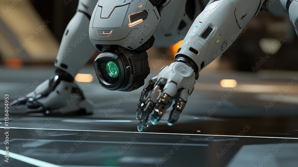 Poster Futuristic robot dog with advanced sensors interacts with a digital interface.