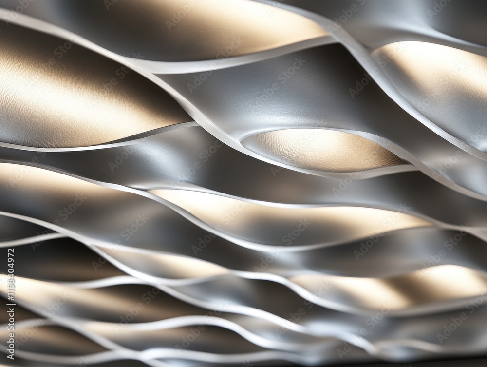 Poster Abstract silver metallic wave pattern with illuminated recesses, close-up view.