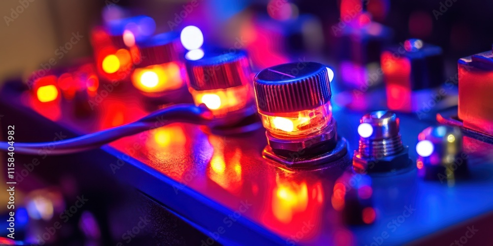 Poster Close-up of illuminated control knobs on a sound mixing device.
