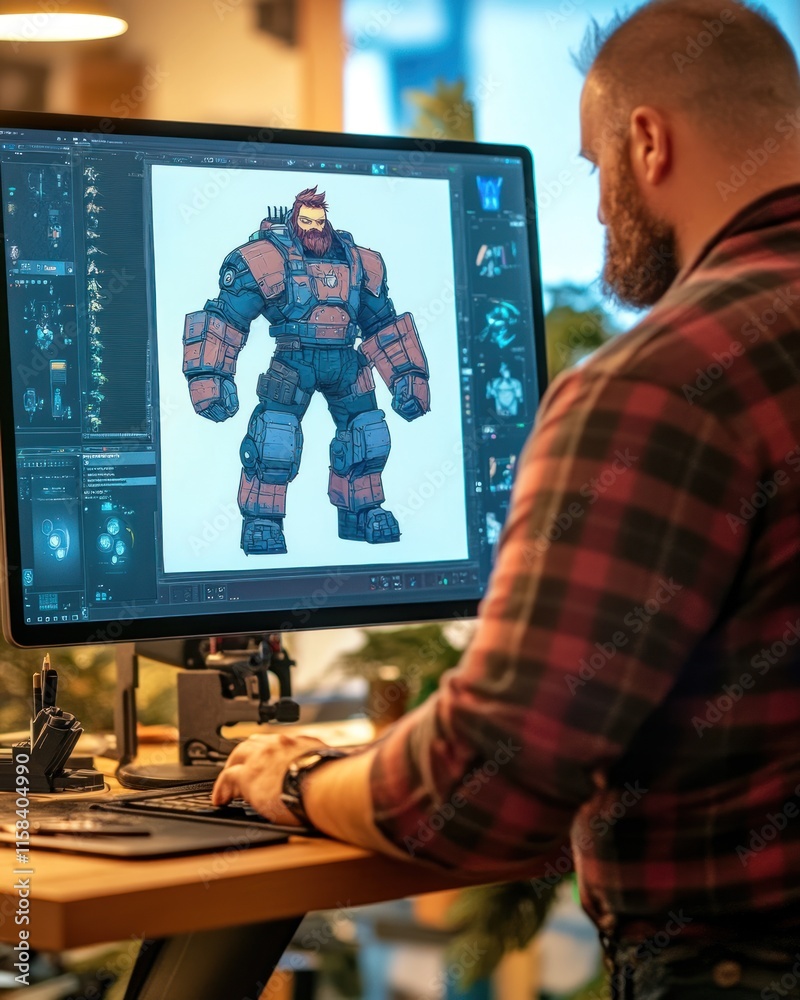 Poster Bearded man designing a powerful robot character on a computer.
