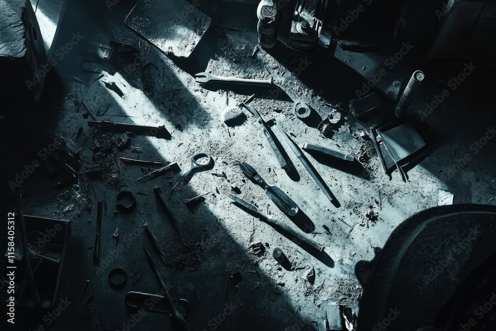 Poster scattered tools in a dimly lit workshop, sunbeam illuminating the workspace.