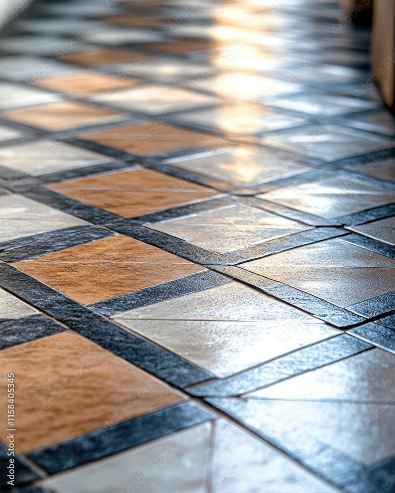 Poster Gleaming tiled floor with a geometric pattern in beige, brown and black.