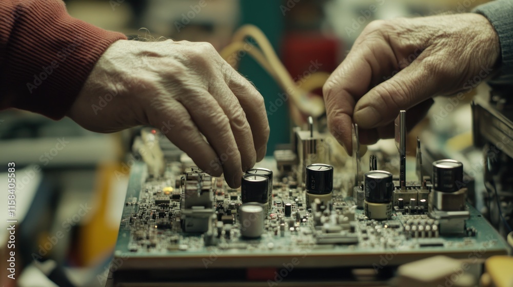 Poster close-up of two elderly hands working on an electronic circuit board, focusing on detail and dexteri