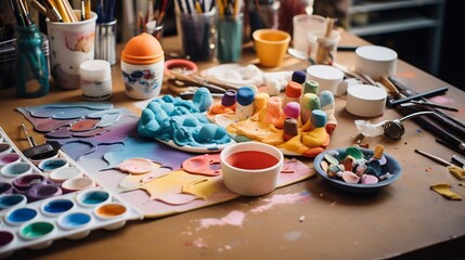 Vibrant and Colorful DIY Clay Modeling Kit with Assortment of Shaping Tools Spread Out on a Desk Perfect for Creative Craft Projects and Homemade Art Creations