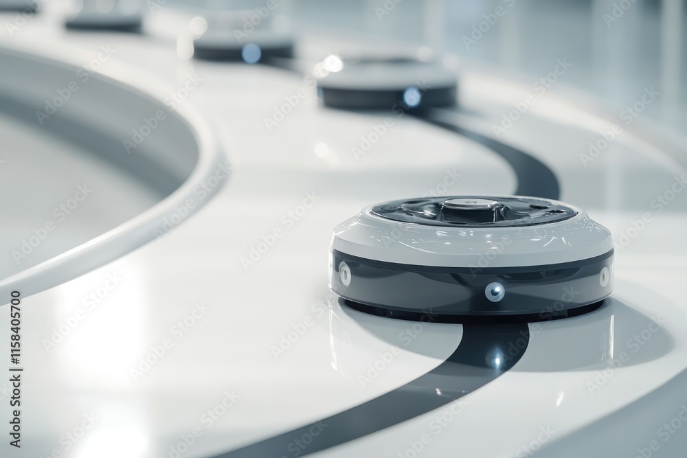 Fototapete autonomous robots following a designated path on a white surface.