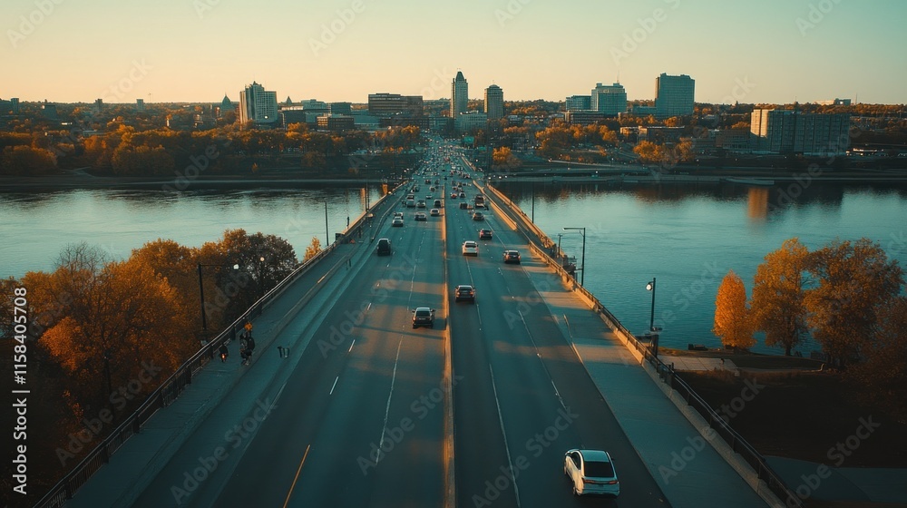 Poster sunset view of a highway bridge over a river with city skyline in the background.