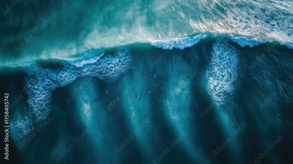 Poster aerial view of ocean waves and birds.