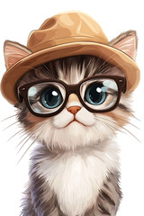 Fototapeta premium A cute kitten wearing glasses and a hat, exuding charm and playfulness.