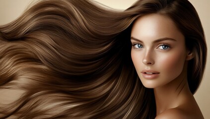 Obraz premium Woman with long, flowing brown hair and flawless makeup.