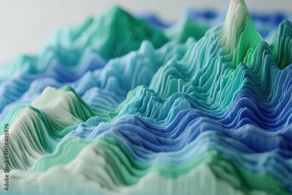 Poster abstract 3d rendering of undulating teal, blue, and green waves forming a textured landscape.