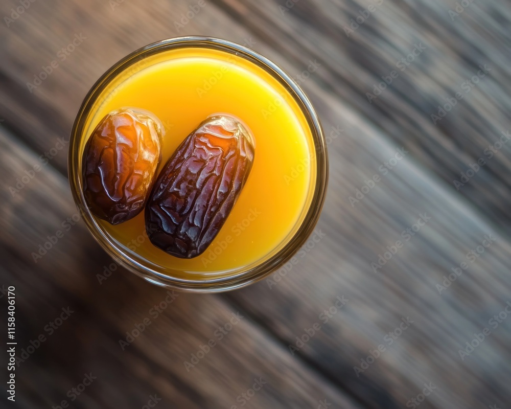 Poster top view of two dates in a glass of orange juice on a wooden surface.