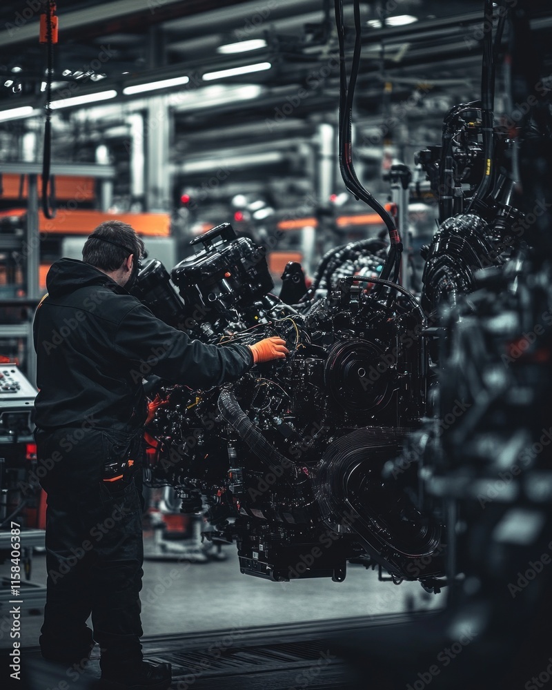 Aufkleber Factory worker inspecting a large engine during the manufacturing process.