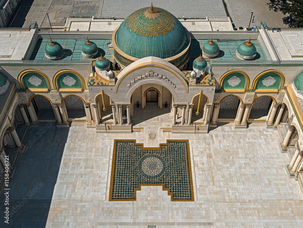 Poster Aerial view of a grand building with a central courtyard, featuring a turquoise dome and intricate mosaic patterns.