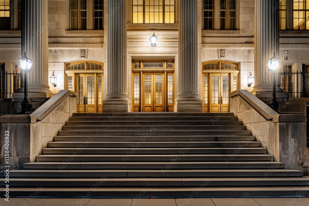 Aufkleber illuminated grand entrance of a classical building at night, featuring a wide staircase and imposing