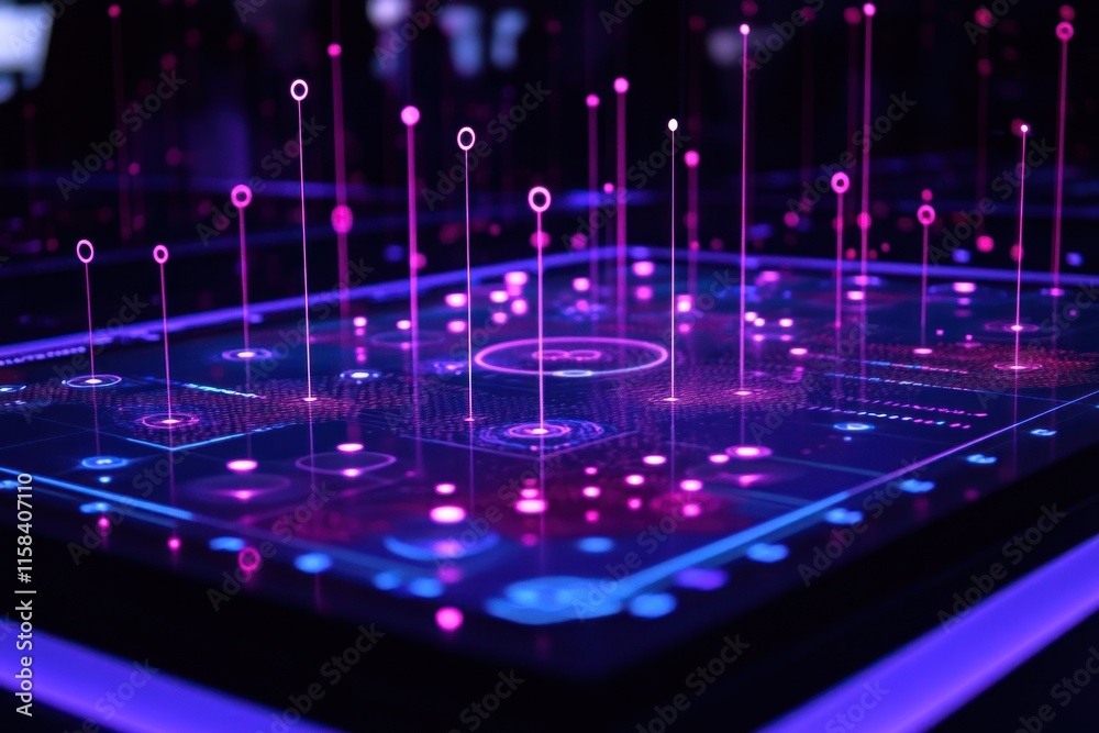 Fototapete Futuristic holographic interface with glowing lines and data points on a dark surface.