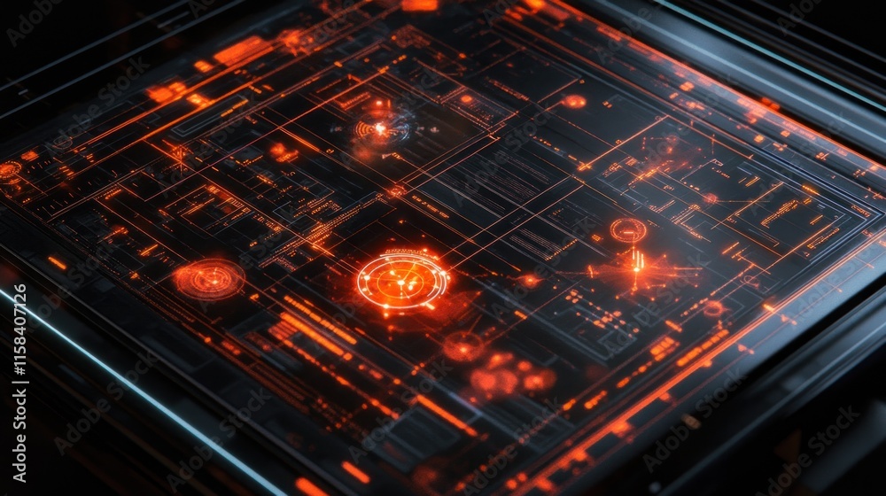 Poster futuristic orange and black digital circuit board interface glowing in the dark.