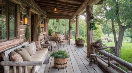 Fototapeta premium Rustic Log Cabin Porch With Wooden Furnishings And Greenery