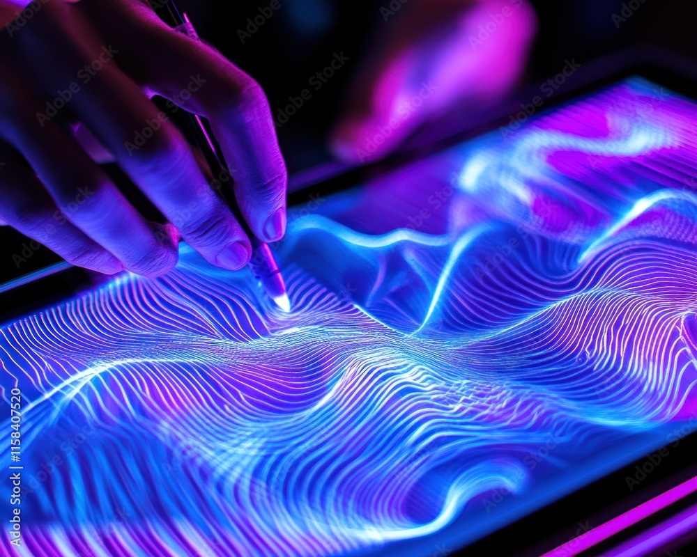 Aufkleber close-up of hand using stylus on tablet, creating vibrant neon wave design.