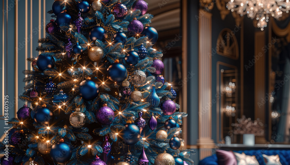 Poster christmas tree adorned with intricate decorations in shades of deep blue and accents of vibrant colo