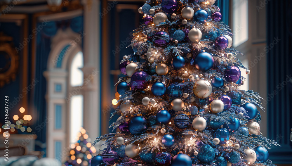 Poster christmas tree adorned with intricate decorations in shades of deep blue and accents of vibrant colo